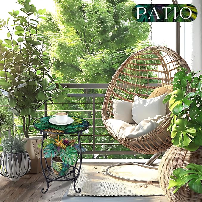 Cinnvoice Outdoor Side Table Round Small Mosaic Patio Accent Indoor End Plant - Image 2