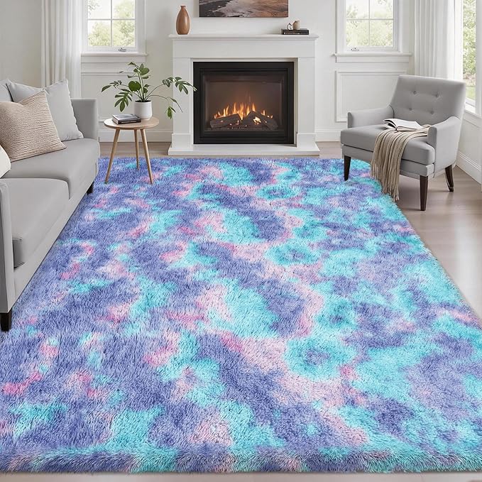 Area Rug Living Room Bedroom: 4x6 Fluffy Plush Shag Carpet Rainbow | by Luxturiy