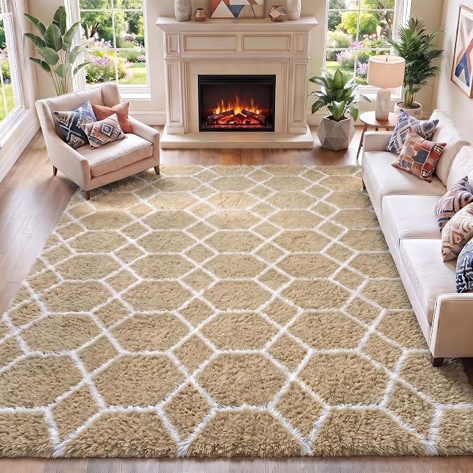Area Rugs for Living Room, 5x8 Fluffy Beige and White Bedroom Geometric Rug | by ONASAR