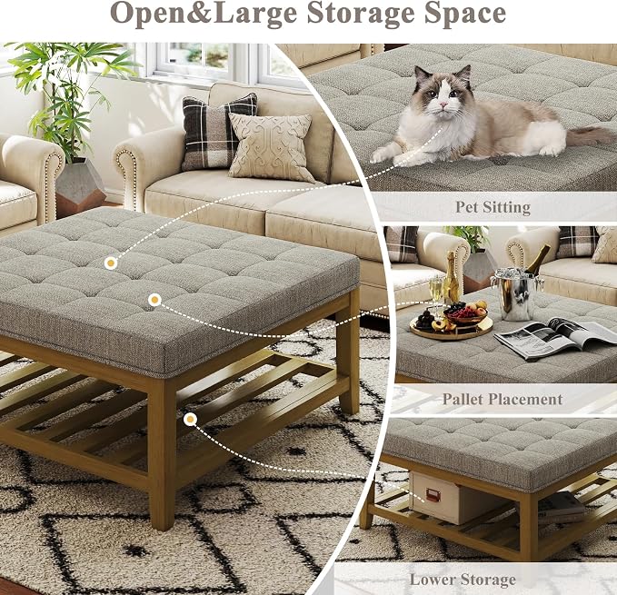 Befurtori Large Square Ottoman Coffee Table, Linen Solid Upholstered Footrest - Image 5