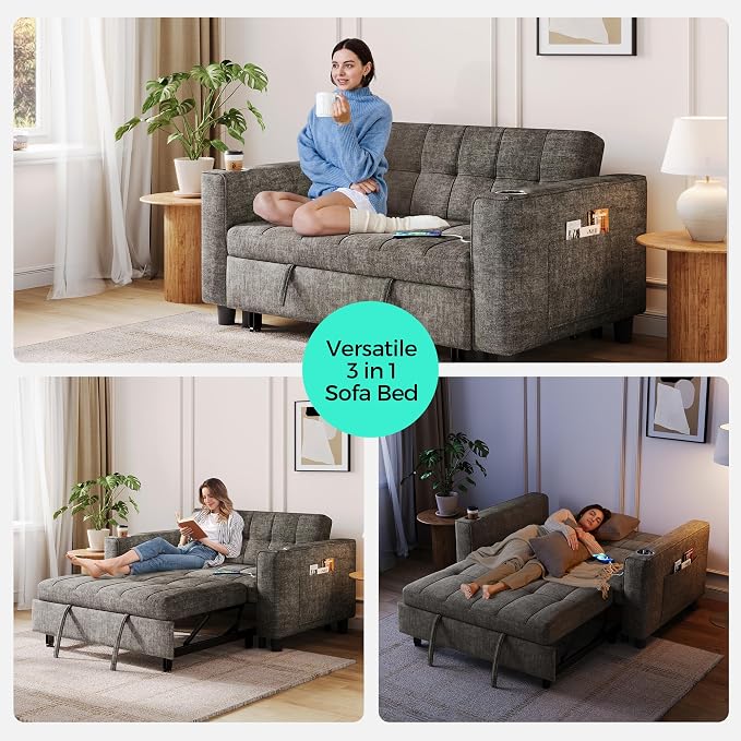 LINSY 54" Pull Out Couch with Charging Station, Small Sleeper Sofa Bed with Cup - Image 6