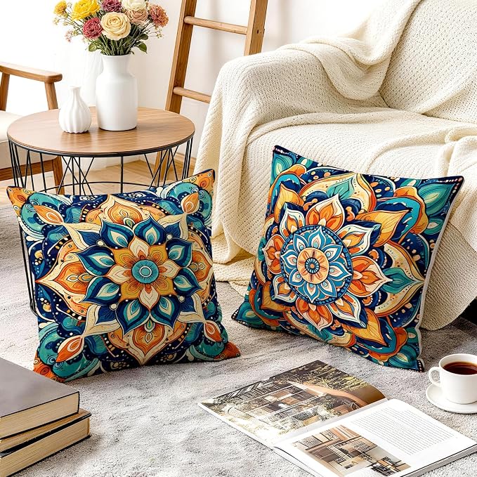 OBSEDE Boho Mandala Throw Pillow Covers Set of 4, 18x18 Inch Blue and Orange - Image 6
