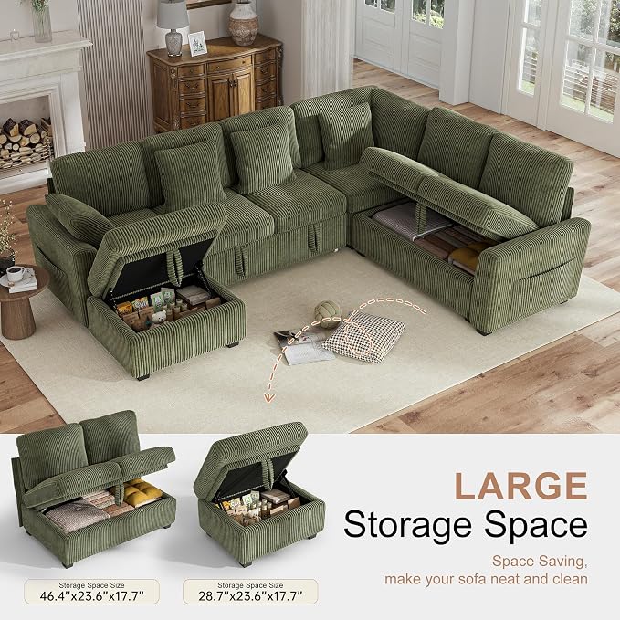 Hanherry Sectional Couch with Pull Out Sofa Bed, Corduroy Sleeper Sofa with - Image 4