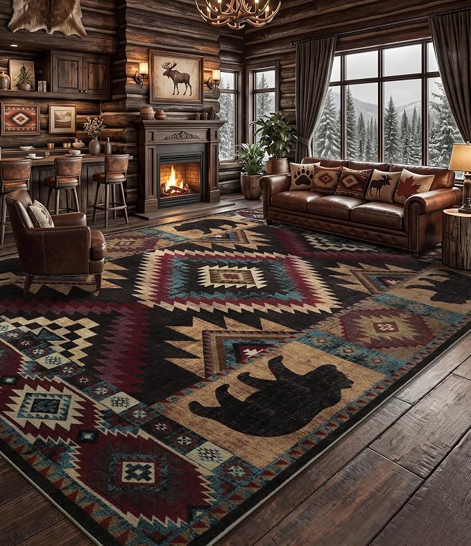 Rustic Cabin Area Rug 10x14, Lodge Wildlife Bear Washable Large Area Rug - Image 4