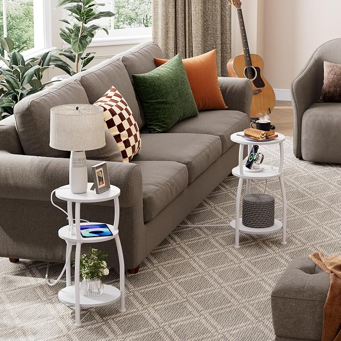 Round Side Table with Power Outlet & USB Ports, 3-Tier End Table with Storage - Image 6