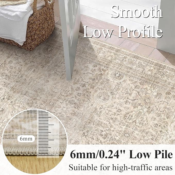 Schweek 4ft Round Rug Neutral Beige Washable Non-Slip Circle Rug Area Rugs | - Image 3