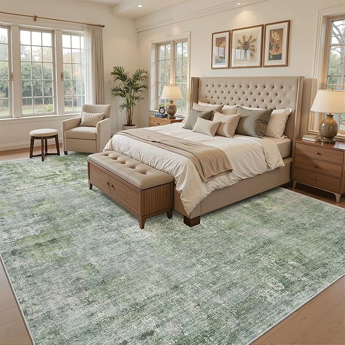 Soalmost Abstract Rug 8x12 Large Living Room Area Rugs Washable Green/Ivory | - Image 3