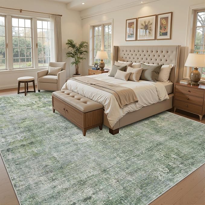 Soalmost 9x12 Area Rugs for Living Room Washable Rug Abstract Green/Ivory | - Image 4