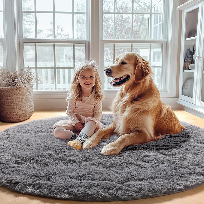 Grey Round Area Rugs 6ft, Fluffy Gray Soft Bedroom Circle Rug - Image 7