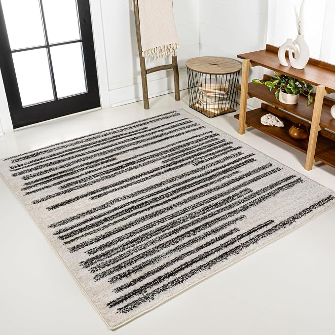 JONATHAN Y Khalil Modern Berber Stripe Cream/Black 8x8 Square Indoor Area Rug by JONATHANY