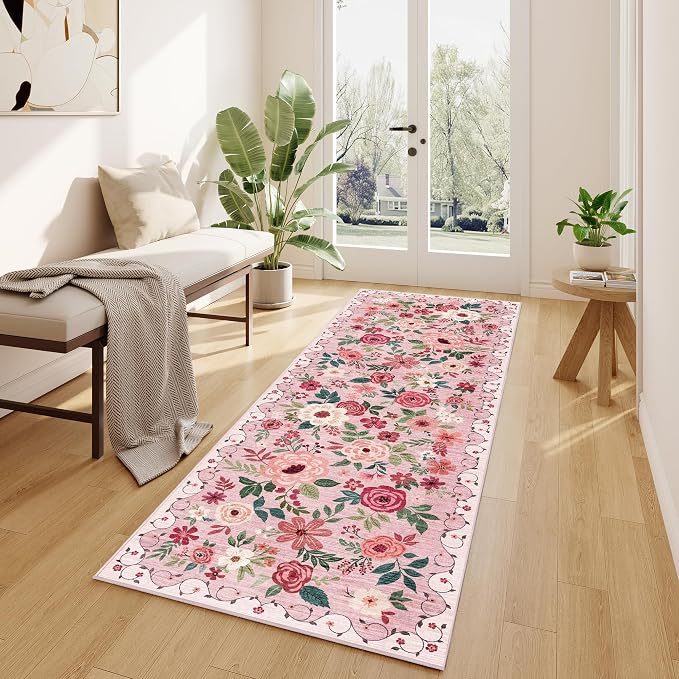 DUKINO 2x10 Runner Rug, Floral Washable Kitchen Runner Rug Non Slip, Low Pile - Image 3
