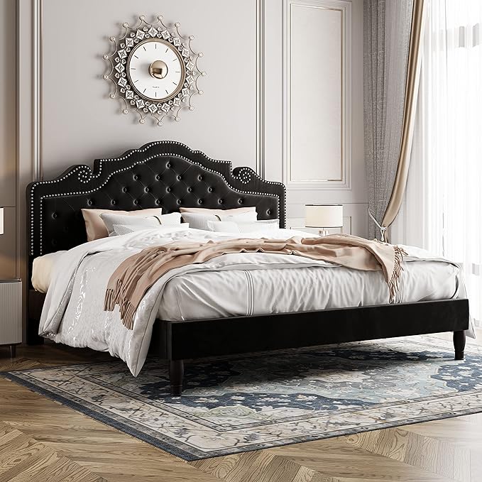 Allewie King Bed Frame with Adjustable Velvet Tiara Headboard, Upholstered by Allewie