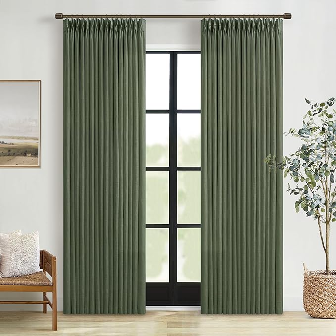 Dark Green Semi Sheer Privacy Linen Pinch Pleated Curtains 108 Inch Long | by Twodrapes