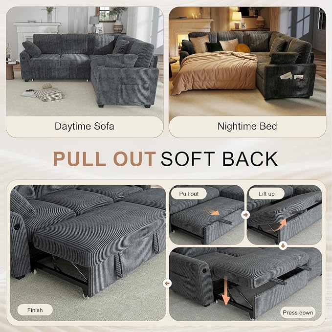 Hanherry Sectional Couch with Pull Out Sofa Bed, Corduroy Sleeper Sofa with 2 - Image 4