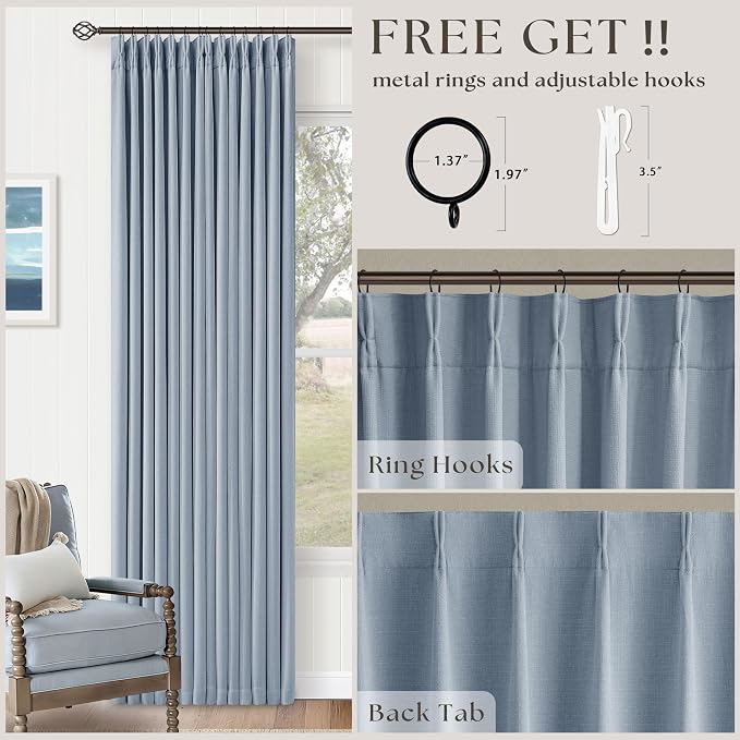 Pinch Pleated 100% Blackout Thick Linen Light Blue Curtains 84 Inches Long | - Image 6