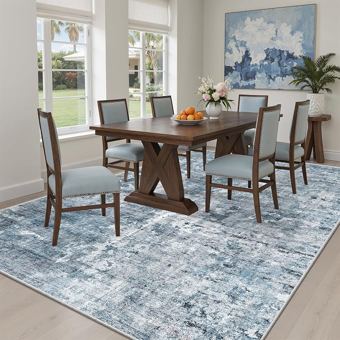 Soalmost Abstract Area Rug 6x9 for Living Room Washable Rugs Blue/Grey | - Image 4