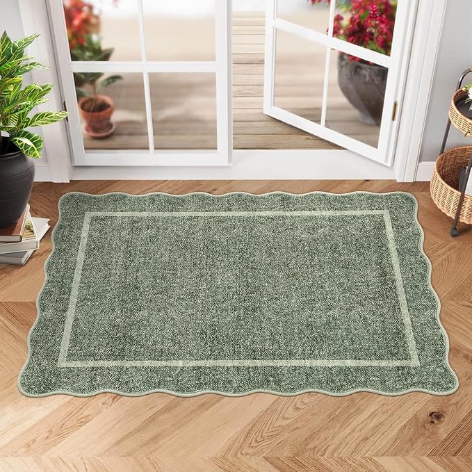 GarveeHome Scalloped Small Area Rug 2x3 Entryway Mat Non Slip Greyish Green | - Image 2