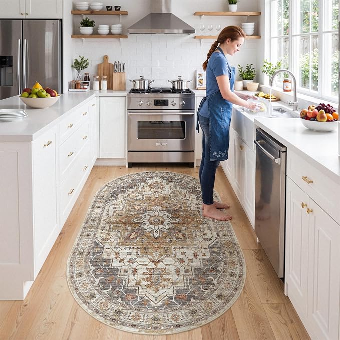 Madane Washable Oval Rug 3x5 for Entryway Small Area Rugs, Turmeric/Grey | - Image 3