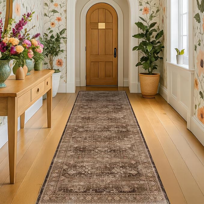 Brown Earthy Boho Washable 3x10 Extra Long Hallway Runner Rug, Waterproof Large by HazoHaus