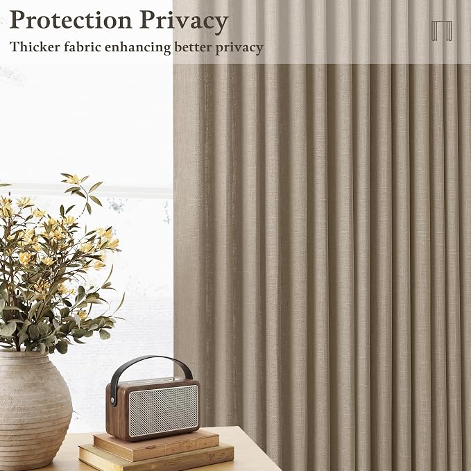 80 Inch Grey Beige Linen Pleated Memory Shaped Semi Sheer Curtains 50WxL80 | - Image 3