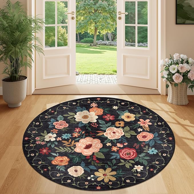 DUKINO 4ft Round Rug, Floral Washable Small Round Area Rug Non Slip, Low Pile - Image 3