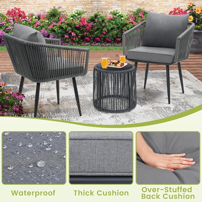 Kromax 3 Pieces Patio Rattan Bistro Conversation Set, Outdoor All-Weather - Image 4