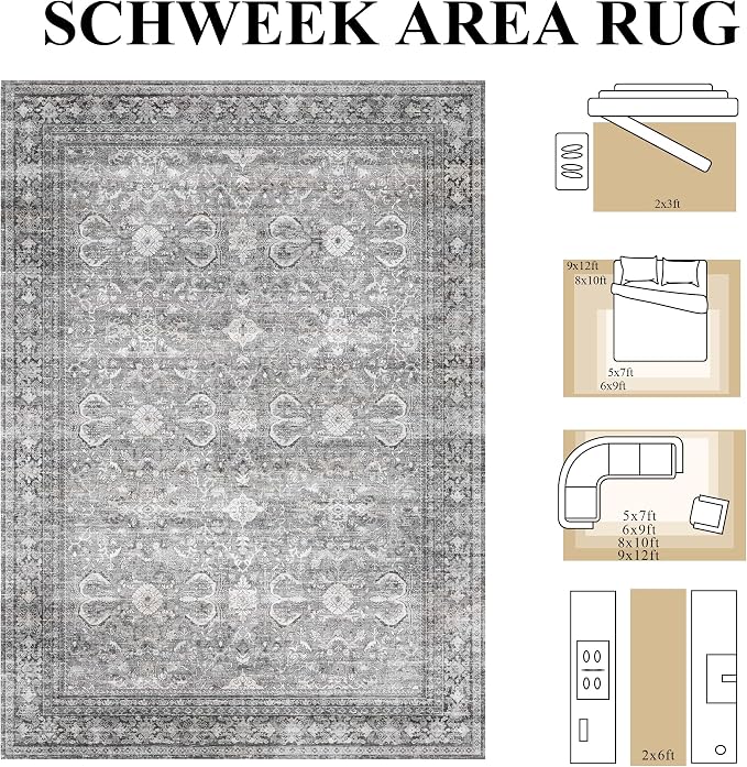 Schweek 9x12 Area Rug Grey Washable Living Room Rugs Distressed Vintage Rug | - Image 2