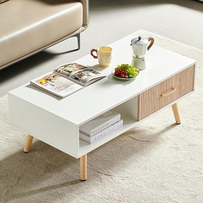 Coffee Table with Storage, Mid Century Boho Wood Center Table with Open Storage - Image 5