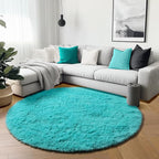 Teal Blue Round Area Rug 4ft, Soft Fluffy Bedroom Bedside Floor Circle Rugs - Image 4