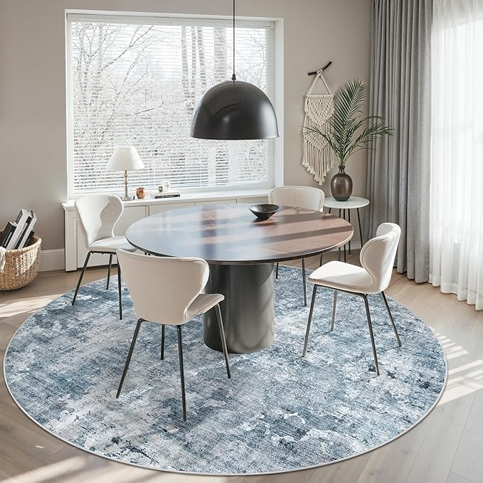 Soalmost Round Rugs 9ft Living Room Circle Area Rug 9x9 Blue/Grey Vintage | - Image 4