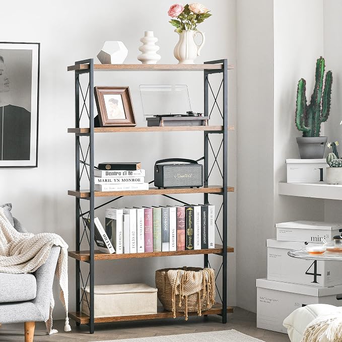 HCHQHS Bookshelf, 5-Tier Industrial Bookcase, Rustic Open Book Shelf, - Image 2