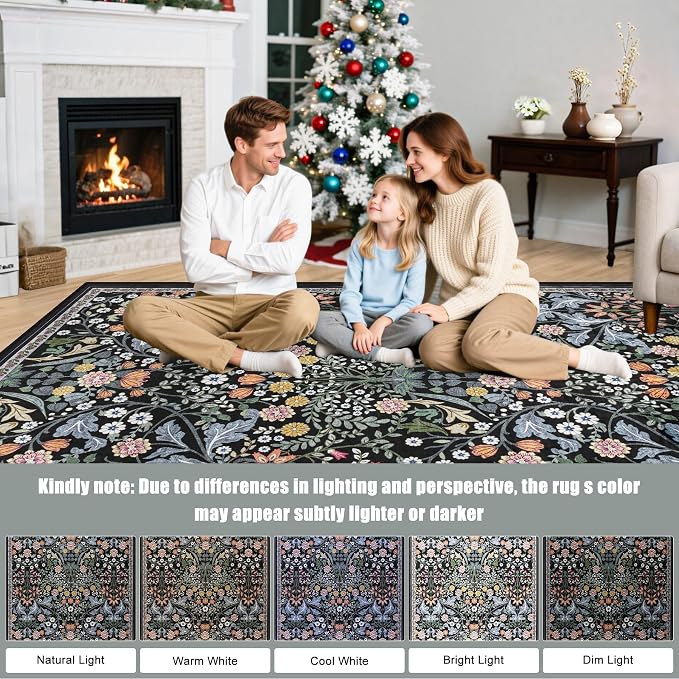 PLHXFR 2.6x10 Washable Runner Rug：Floral Indoor Kitchen Carpet Dark Black | - Image 9
