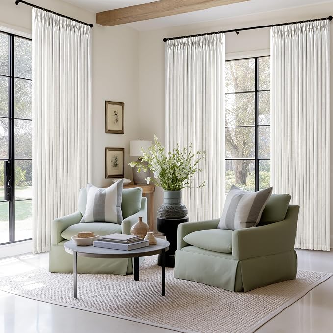Farmhouse 126 Inch Pleat Thick Linen Beige White Semi Sheer Curtains 50x126 | - Image 9