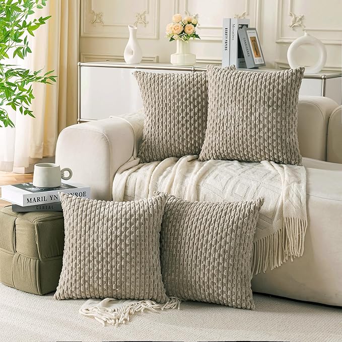 Set of 4 Taupe Decorative Throw Pillow Covers 16x16 Inch Corduroy Pillow Covers by Cozoomy