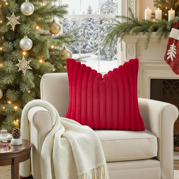 decorUhome Fall Faux Fur Throw Pillow Covers 18x18 Set of 2 Red | Decorative - Image 4