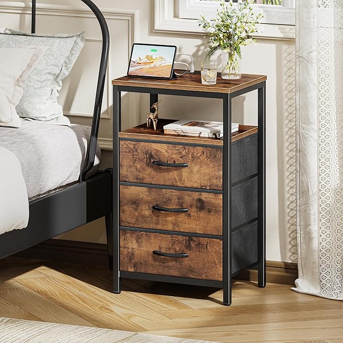 Huuger Nightstand with Charging Station, 27.6 Inch Bedside Table with Fabric - Image 2