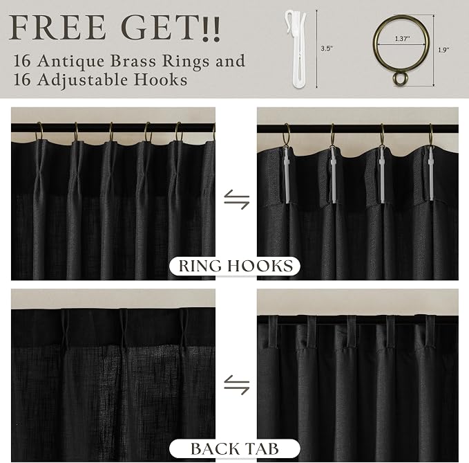 Pinch Pleated Linen Pleated Semi Sheer Black Curtains 96 Inch Long 2 Panels | - Image 5
