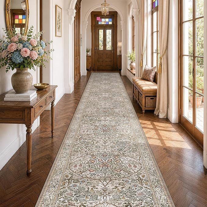 Vintage Moss Green 3x20 Extra Long Runner Rug by HazoHaus