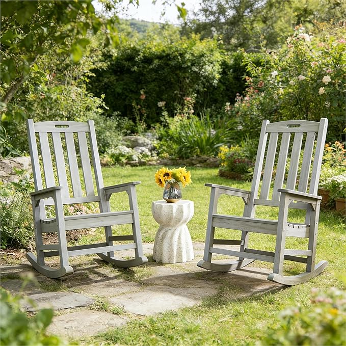 Psilvam Outdoor Rocking Chair Set of 2, Poly Lumber Oversized Rocking Chair - Image 2