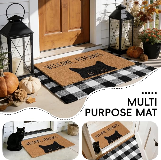 2 Pcs Welcome Peasants Black Cat Door Mat Set, Layered Artificial Coir Doormat - Image 6