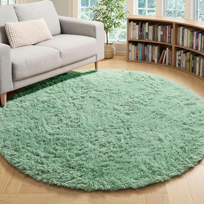 Sage Green Round Rug 4ft, Fluffy Circle Area Rugs by ONASAR