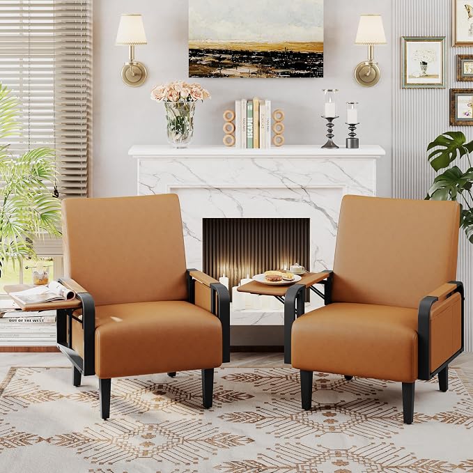 Andeworld Modern Brown Accent Chair, PU Leather Upholstered Armchair Side Chair - Image 8