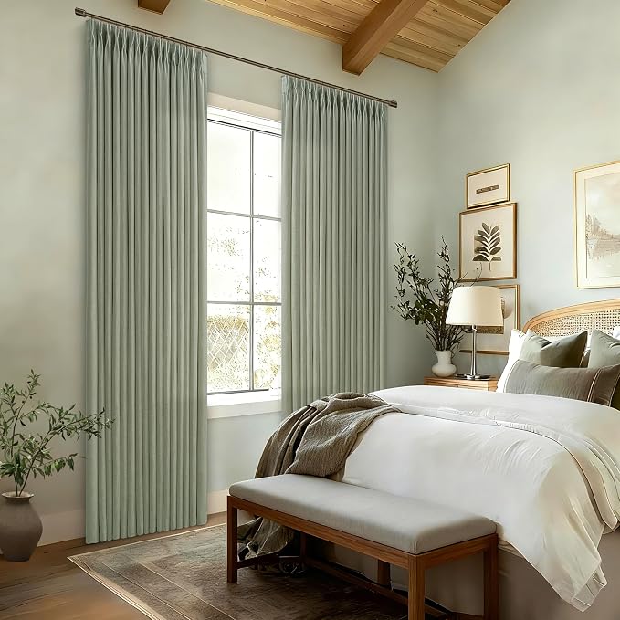 108 Inch Pinch Pleated Light Filtering Linen Memory Trained Green Curtains | - Image 7