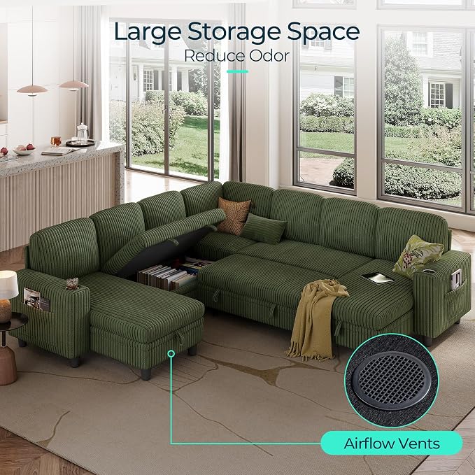LINSY HOME Sectional Sofa with Pull Out Bed, 7 Seats Corduroy Reversible - Image 3