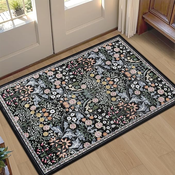 PLHXFR 2x3 Small Entryway Rug: Floral Washable Indoor Carpet Dark Black | by PLHXFRSoftAreaRugs
