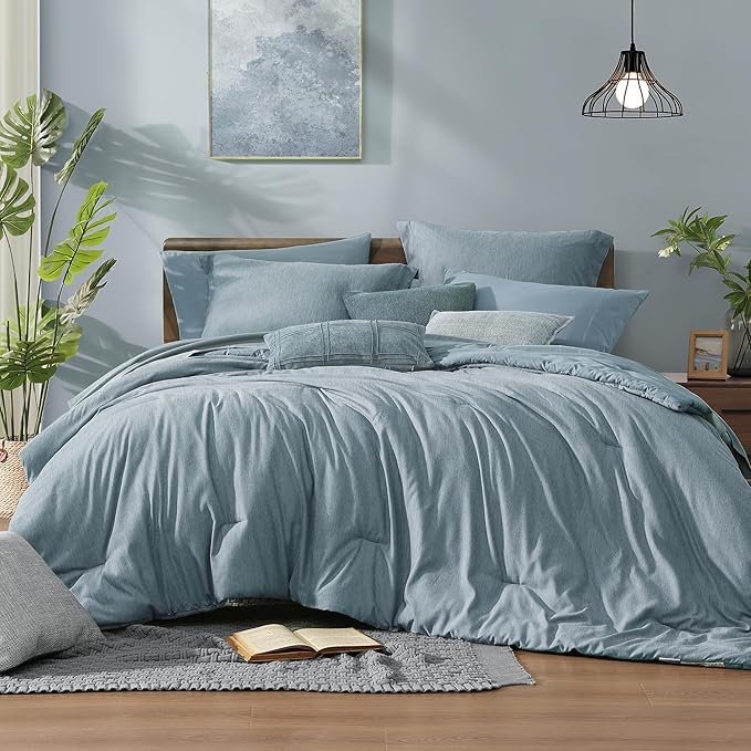 Monbix King Size Comforter Set, 7 Pieces Dusty Blue Cationic Dyeing Bed in a by Monbix