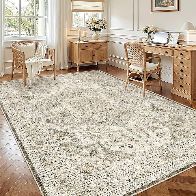 Madane 5x7 Area Rugs for Living Room, Non-Slip Washable Rug, Ivory/Brown | - Image 2