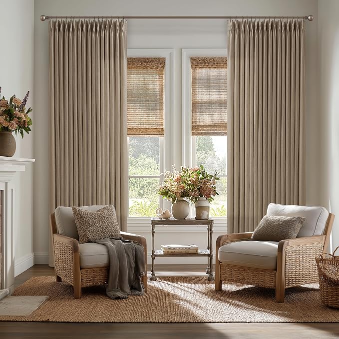 Latte Brown Pinch Pleated Thick Linen Semi Sheer Curtains 108 Inches Long | - Image 9