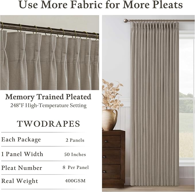 Linen Taupe Pinch Pleat Memory Shaped Light Filtering Curtains 96 Inch Long | - Image 5