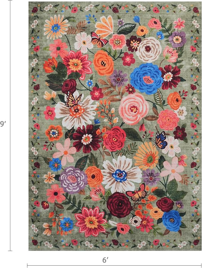 Green Floral Washable Area Rug 6x9 - Image 2